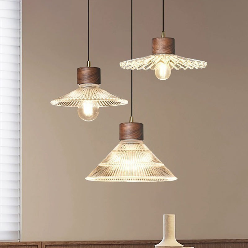 Traditionelle chinesische Pendelleuchte aus Eisen, Walnuss und Glas, konisch, schirmförmig, 1 Licht, für Esszimmer 