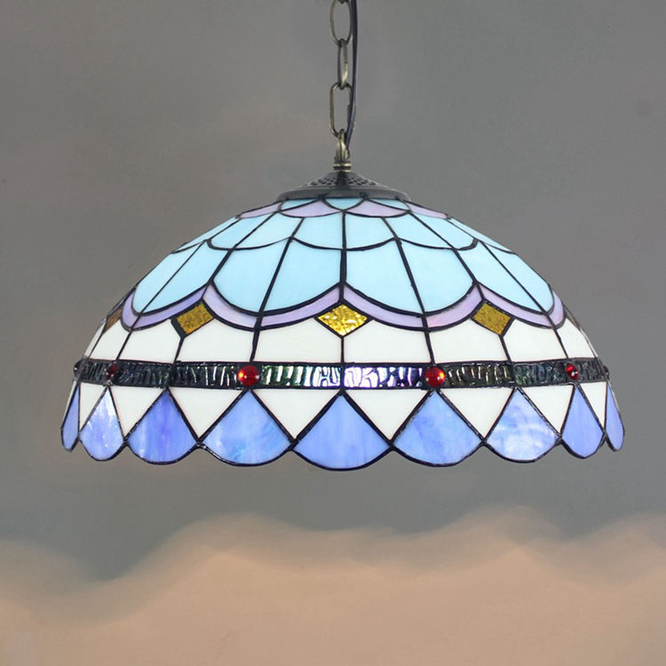 Lustre suspendu traditionnel Tiffany en forme de dôme rond en verre teinté avec 1 lumière pour salon 