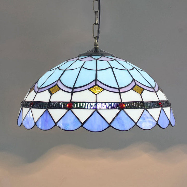 Lustre suspendu traditionnel Tiffany en forme de dôme rond en verre teinté avec 1 lumière pour salon 