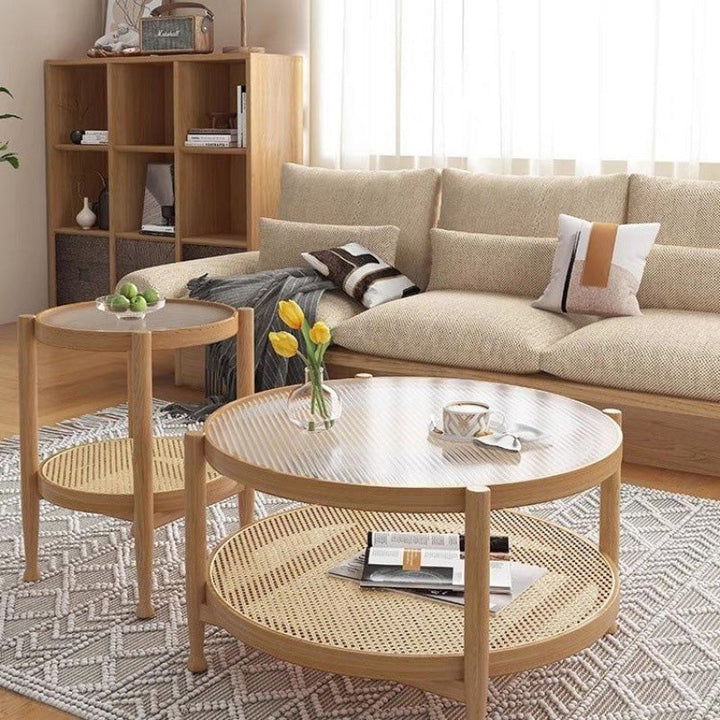 Modern Minimalist Round Horizontal Strip Glass Plastic Rattan Rubberwood Coffee Table 2-Tier For Living Room