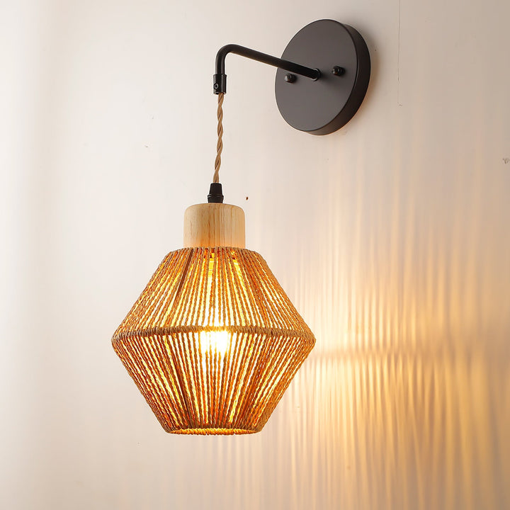 Lámpara de Aplique de Pared de 1 Luz de Ratán de Madera Redonda Tradicional Japonesa para Sala de Estar 