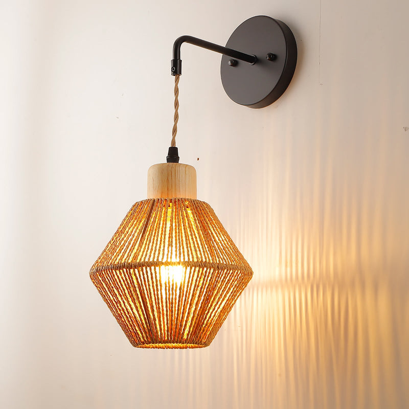 Traditionelle japanische runde Holz-Rattan-Wandleuchte mit 1 Licht für Wohnzimmer 