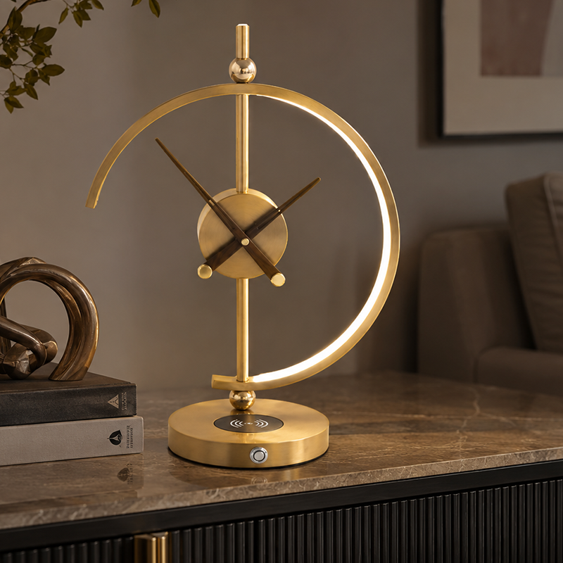 Traditional Vintage Round Clock Aluminum Plastic LED Table Lamp For Living Room
