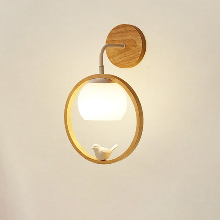 Japanese Harajuku Solid Wood Circle Ring Bird Decor 1-Light Wall Sconce Lamp