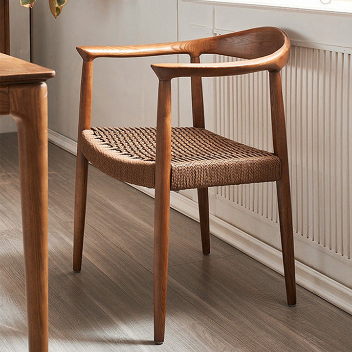 Traditional Vintage Braided Rope Wood Legs Square Dining Chair Backrest Armrest For Dining Room