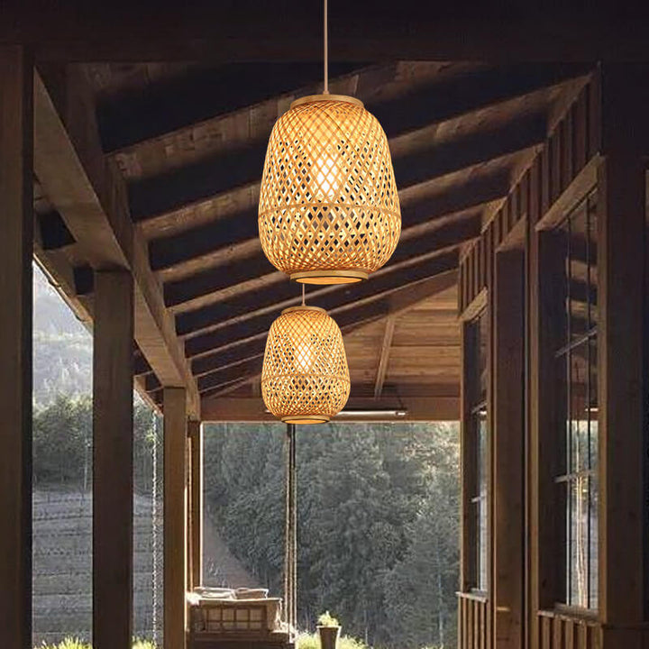 Suspension Luminaire 1 Lumière en Forme de Cage Ovale en Bambou Contemporain pour Salle à Manger 