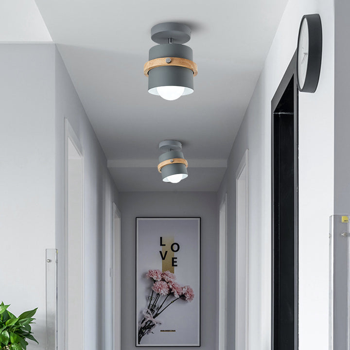 Contemporary Nordic Round Cylinder Iron Solid Wood 1-Light Semi-Flush Mount Ceiling Light For Hallway