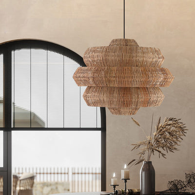 Zeitgenössischer Boho-Kronleuchter mit mehrschichtigem, rundem Rattan-Gewebe und 1 Licht für das Wohnzimmer 