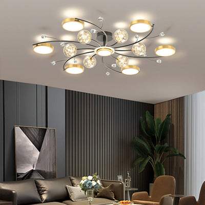 Moderner LED-Kronleuchter mit Eisenrahmen aus der Mitte des Jahrhunderts, Glasblase, für Wohnzimmer 