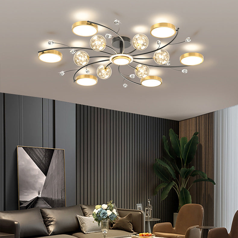 Moderner LED-Kronleuchter mit Eisenrahmen aus der Mitte des Jahrhunderts, Glasblase, für Wohnzimmer 