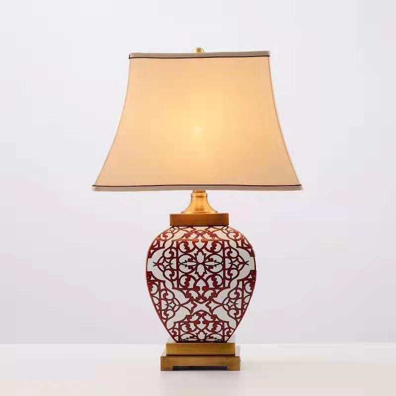 Traditional Chinese Cone Fabric Red Ceramic Jar Base 1-Light Table Lamp For Bedroom