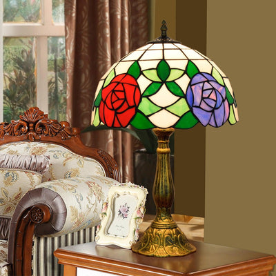 Traditional Tiffany Rose Aluminum Stained Glass 1-Light Table Lamp For Bedroom