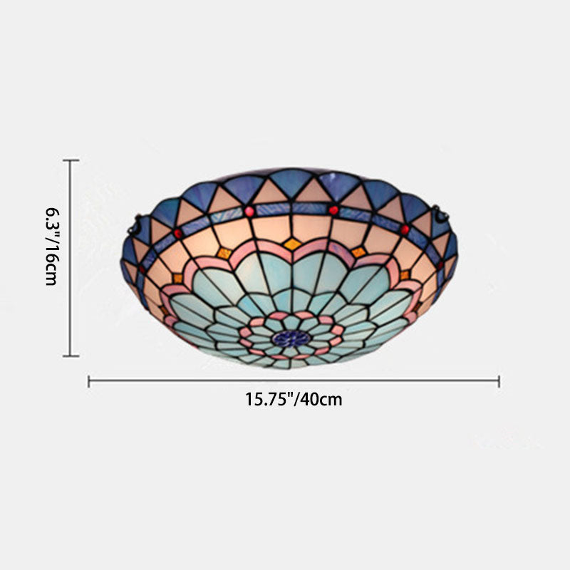 Luz de techo empotrada de 3 luces con vidrio teñido redondo mediterráneo tradicional Tiffany para sala de estar 