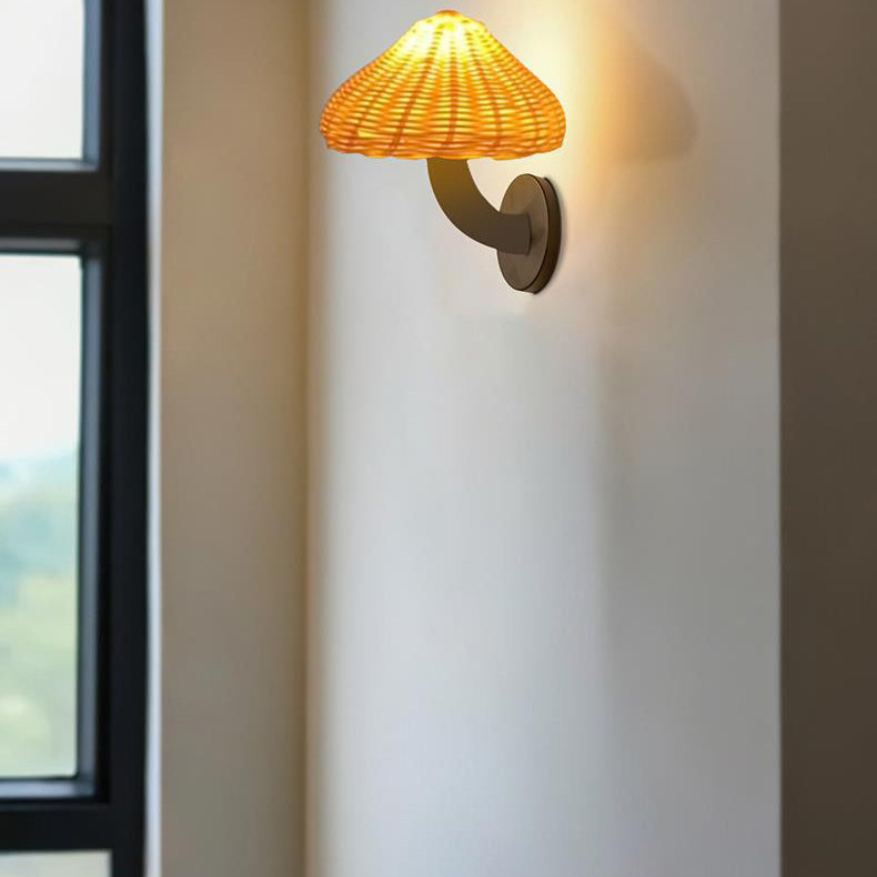 Applique murale 1 lumière en forme de champignon en fer et rotin japonais traditionnel pour chambre 