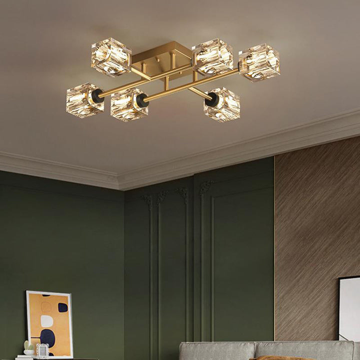 Luminaire de plafond semi-encastré contemporain de luxe branche rectangulaire en cuivre massif avec cristal 4/6/8 lumières pour salon 