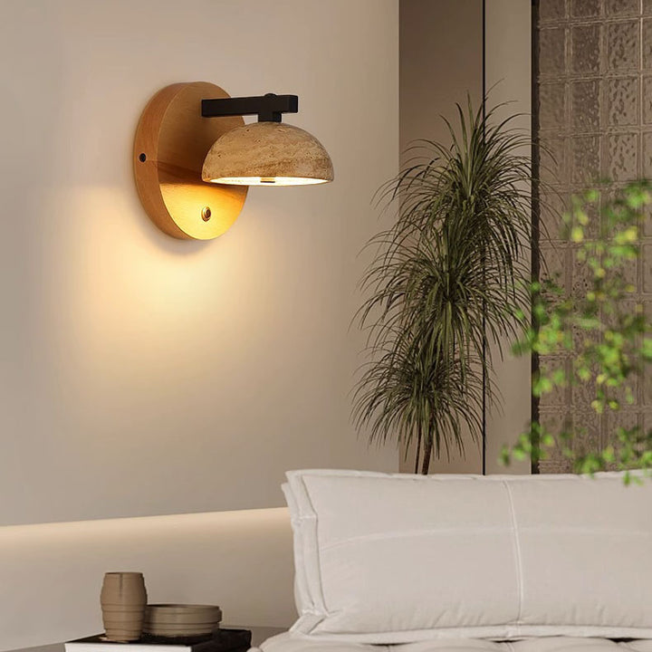 Applique murale LED hémisphérique ronde en noyer dolomite japonais traditionnel pour chevet 