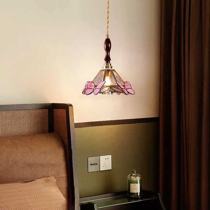 Lustre Suspendu Conique à 1 Lumière en Verre Papillon Japonais Traditionnel pour Salon 