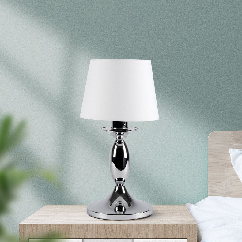 Modern Minimalist White Fabric Chrome Metal 1-Light Table Lamp For Bedroom