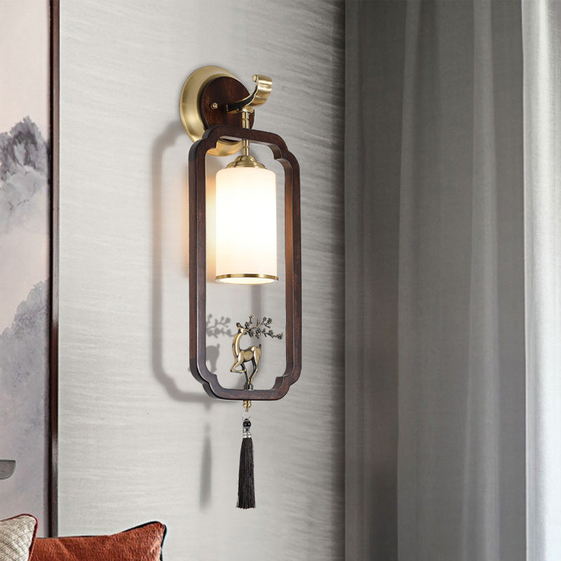 Traditional Chinese Brass Rubber Wood Glass Rectangular Cylinder Deer 1-Light Wall Sconce Lamp For Hallway