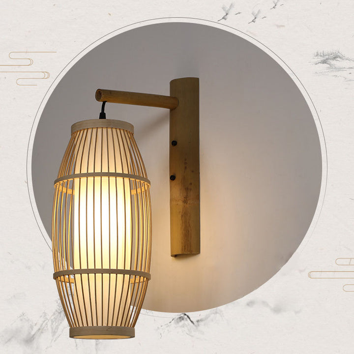 Traditionelle chinesische Weberei Bambuskäfig Form 1-Licht Wandleuchte für Wohnzimmer 