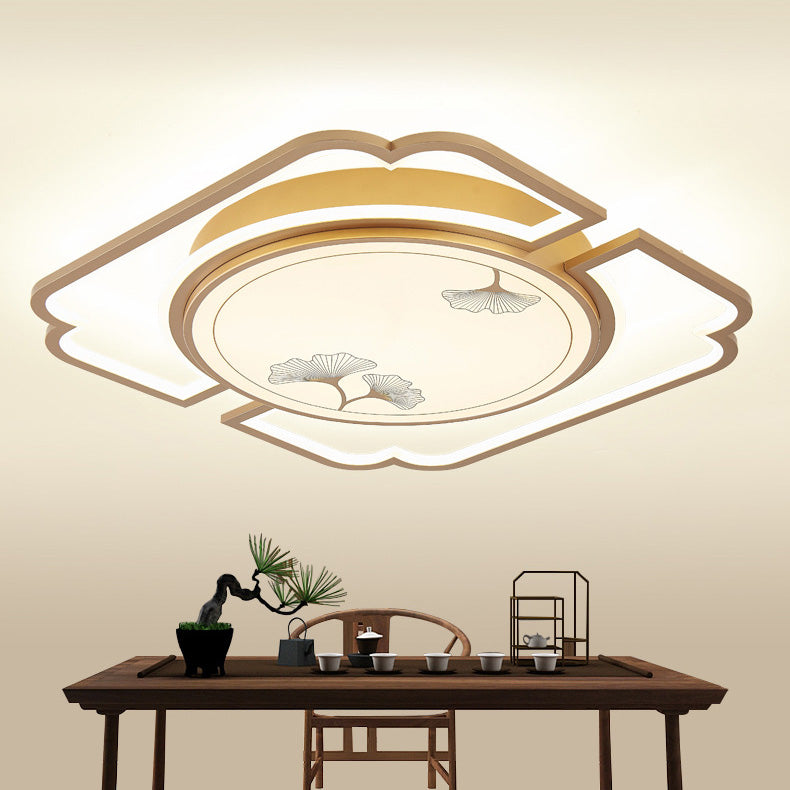 Luz de techo LED semiempotrada de hierro, aluminio, acrílico, redonda, rectangular, cuadrada, hoja de ginkgo china tradicional para sala de estar 