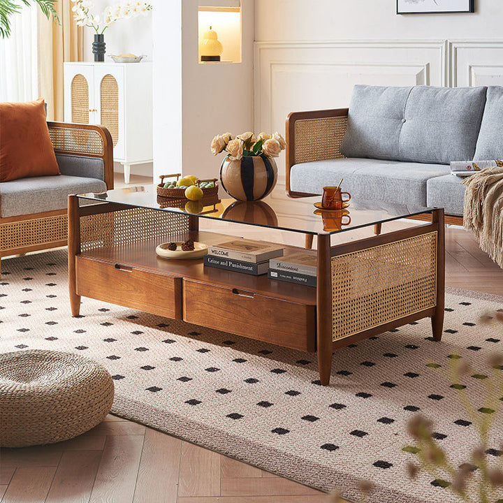 Traditioneller japanischer Weben Rechteckiger Couchtisch aus Eschenholz mit Glas und 4 Schubladen für das Wohnzimmer 
