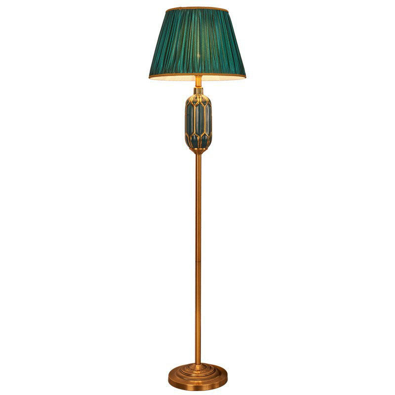 Traditional Vintage Trapezoid Fabric Shade Ceramic Iron Base 1-Light Standing Floor Lamp For Living Room