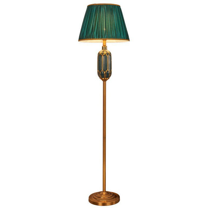 Traditional Vintage Trapezoid Fabric Shade Ceramic Iron Base 1-Light Standing Floor Lamp For Living Room