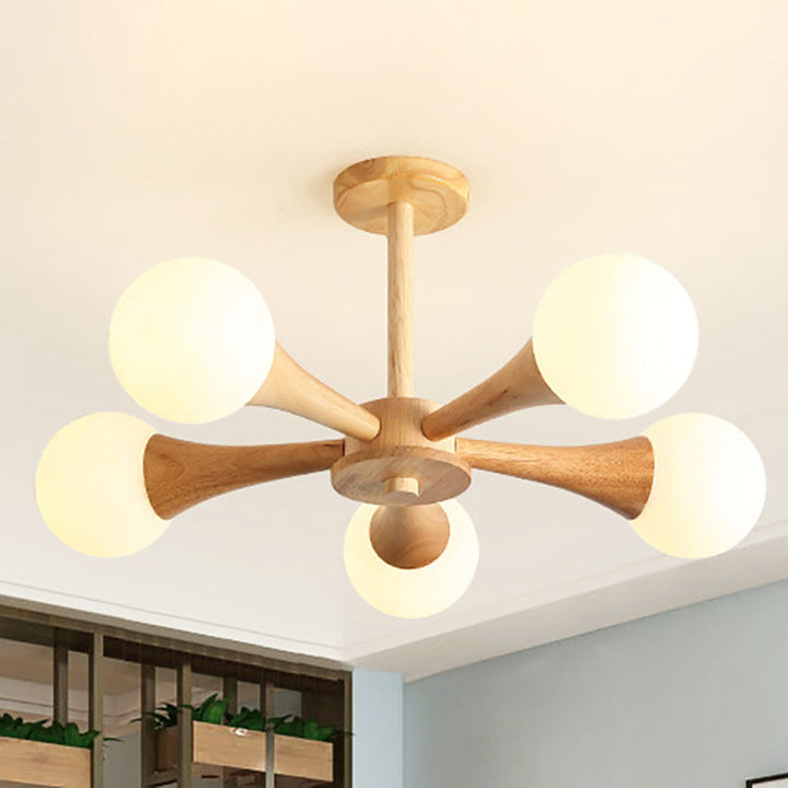 Traditioneller japanischer Holzrahmen-Kronleuchter mit Glas-Magiebohnen, 3/4/5 Lichter, für Wohnzimmer 