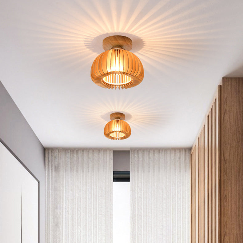 Traditional Japanese Iron Wood Round Grille 1-Light Semi-Flush Mount Ceiling Light For Hallway