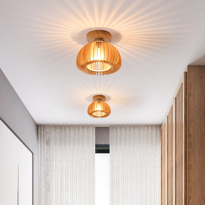 Traditional Japanese Iron Wood Round Grille 1-Light Semi-Flush Mount Ceiling Light For Hallway