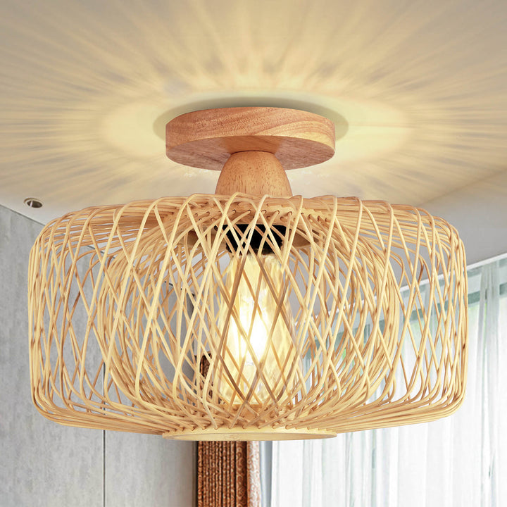 Moderne Küsten-Deckenleuchte mit rundem Holz- und Bambusmuster, 1 Licht, halbbündige Montage, für Wohnzimmer 