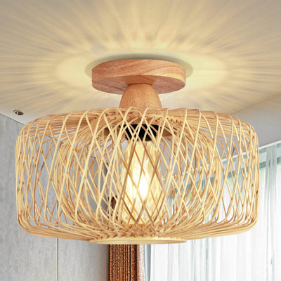 Contemporary Coastal Round Wood Bamboo Woven 1-Light Semi-Flush Mount Ceiling Light For Living Room