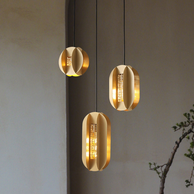 Traditional Chinese Copper Glass Cylinder Elliptical Hollow 1/3/6 Light Chandelier For Entryway