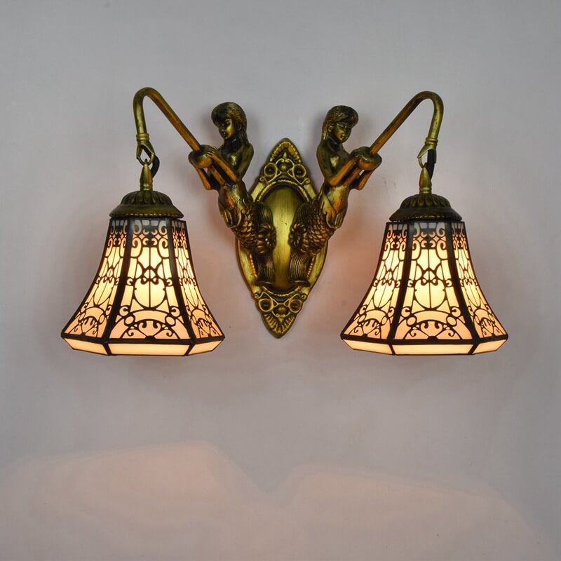 Tiffany Arabesque Mermaid Lamp Arm Stained Glass 2-Light Wall Sconce Lamp