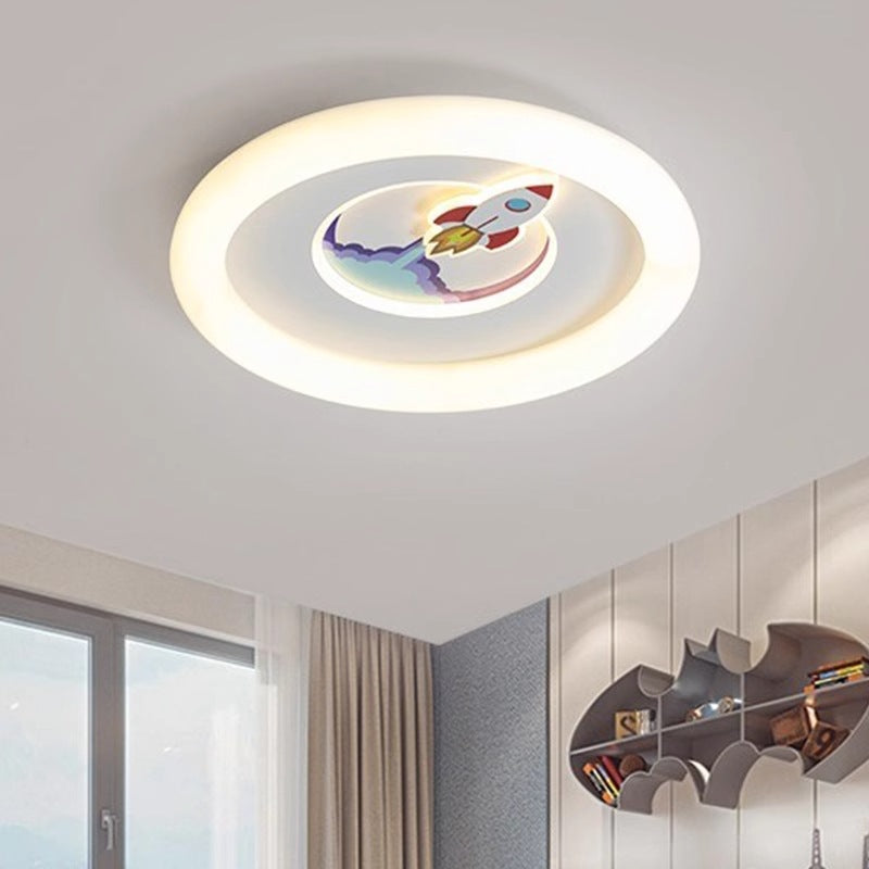 Luz de techo empotrada LED de acrílico y hierro redonda para niños creativos contemporáneos con diseño de cohete y astronauta para dormitorio 