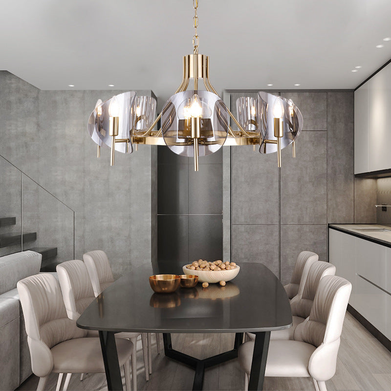 Moderner Luxus-Kronleuchter mit 6/8 Lichtern und goldenem Finish und gebogener Glasplatte für Esszimmer 