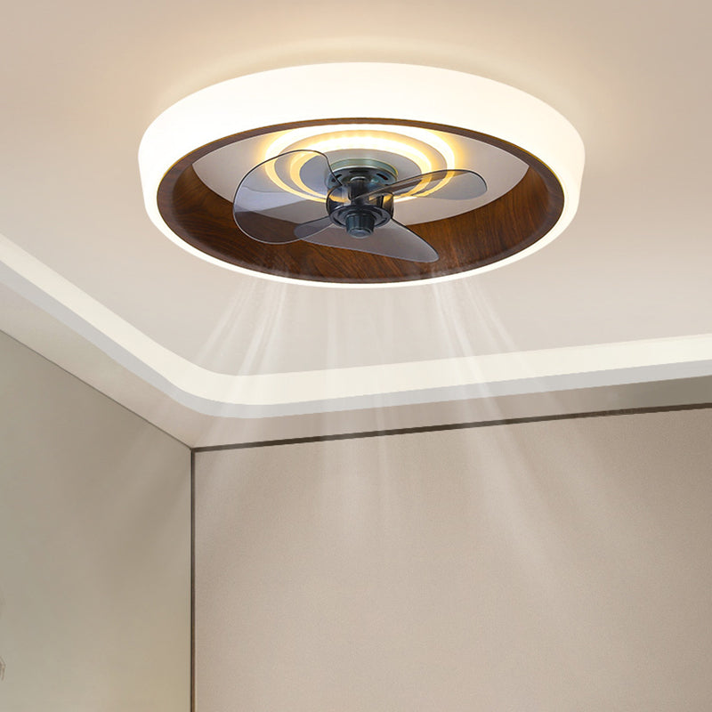 Modern Minimalist Round Wood Grain Aluminum Acrylic LED Flush Mount Ceiling Fan Light For Bedroom