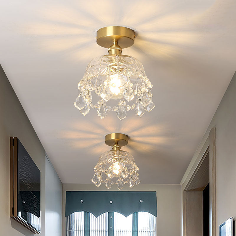 Modern Art Deco Brass Frame Crystal Round Glass Shade 1-Light Semi-Flush Mount Ceiling Light For Living Room
