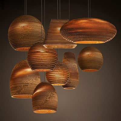 Zeitgenössische Retro Papier elliptische sphärische Glocke Trapez Halbkreis polygonale 1-Licht Pendelleuchte für Esszimmer 