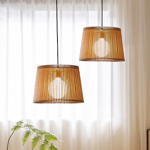 Traditional Japanese Wood Acrylic Cylinder Bucket 1-Light Pendant Light For Dining Room