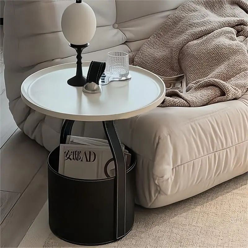 Contemporary Creative Round Barrel Faux Saddle Leather Stainless Steel Coffee Table Tote For Living Room