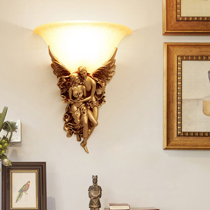 Traditional European Angel Resin Design Glass 1-Light Wall Sconce Lamp For Hallway