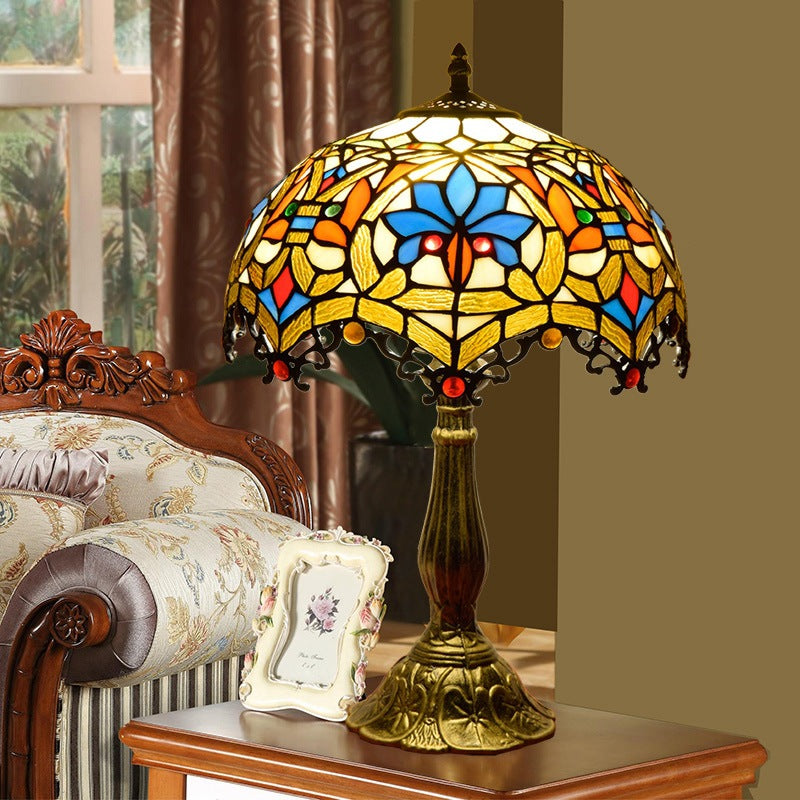 Traditional Vintage Flower Gemstone Stained Glass 1-Light Table Lamp For Living Room