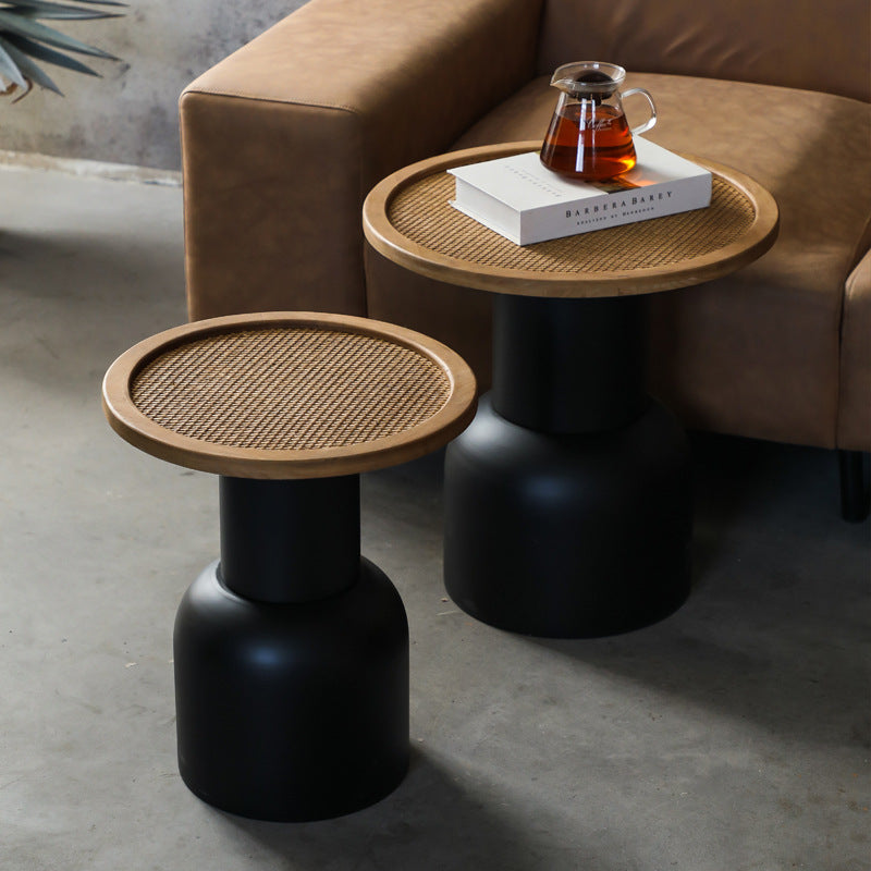 Traditional Vintage Round Rattan Iron Pine Coffee Table 1-Tier For Living Room