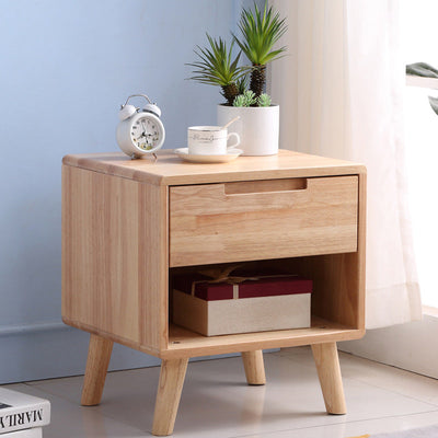 Table de chevet en bois massif scandinave contemporain avec plateau carré et 1 tiroir pour chambre 