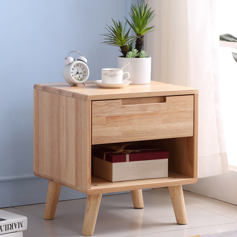 Table de chevet en bois massif scandinave contemporain avec plateau carré et 1 tiroir pour chambre 