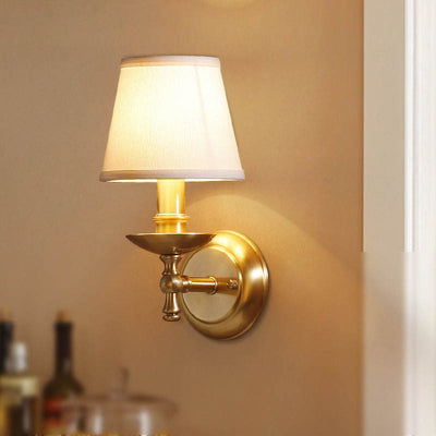 Traditional European Trapezoidal Candelabra Copper Fabric 1-Light Wall Sconce Lamp For Bedroom