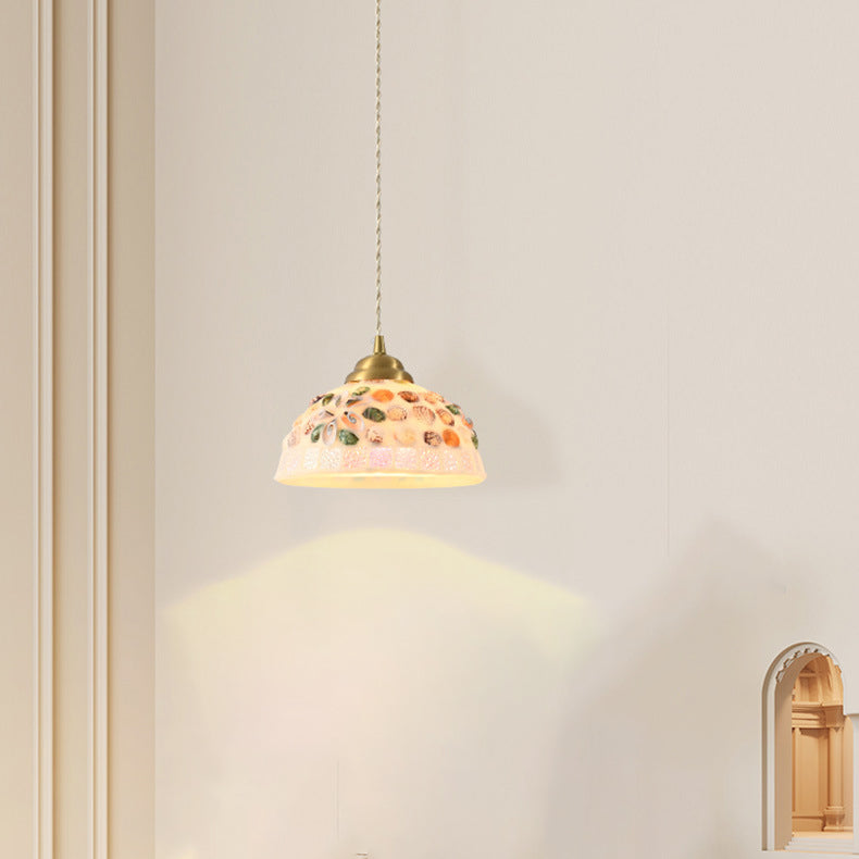 Lustre suspendu à 1 lumière avec design en coquille demi-ronde en vitrail de laiton traditionnel japonais pour chambre 