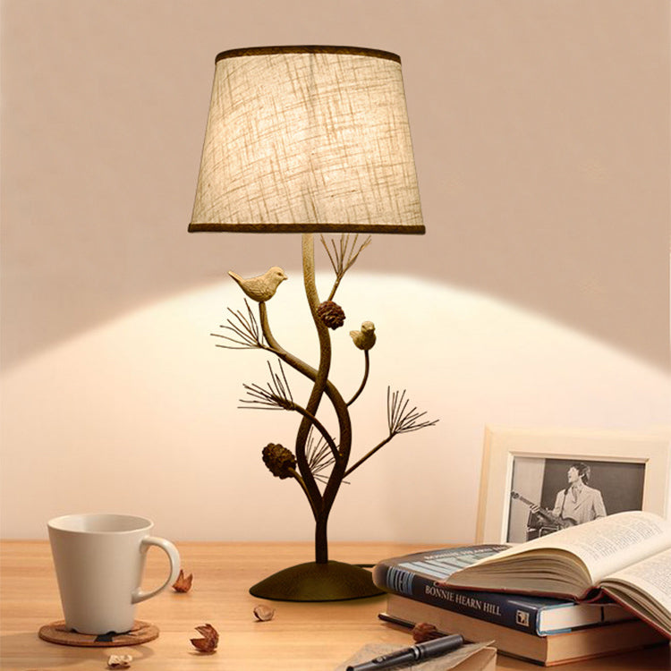 Modern Art Deco Fabric Shade Pinecone Bird Iron Base 1-Light Table Lamp For Bedroom